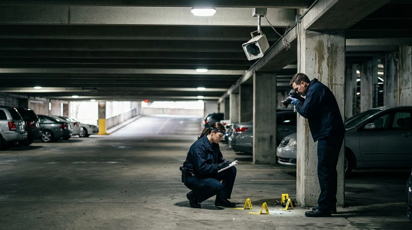 Security investigators document poor lighting and broken cameras in parking garage for liability evidence.
