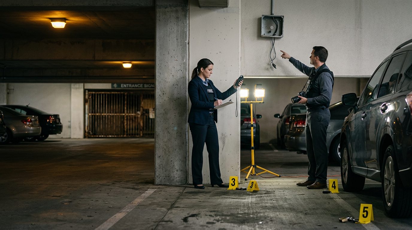 Security investigators document poor lighting and broken cameras in hotel parking garage.