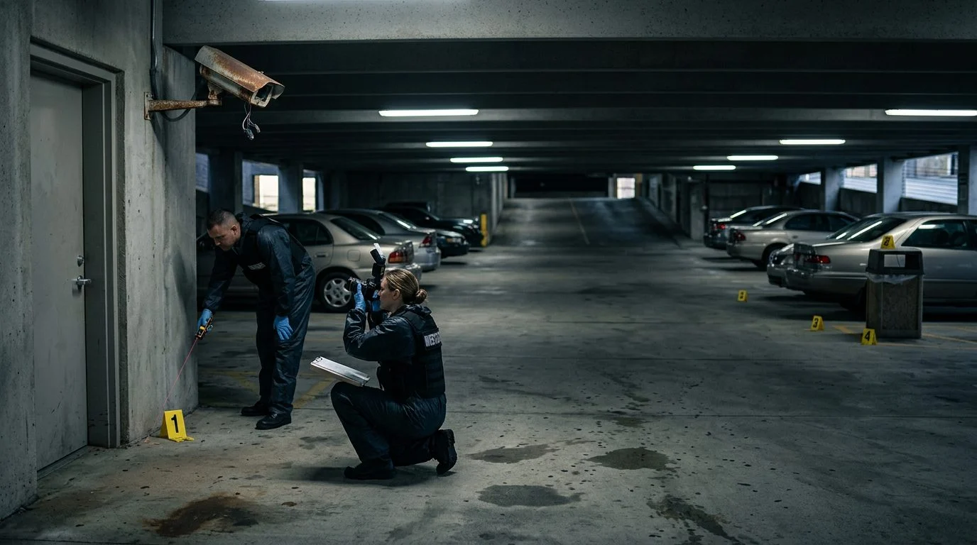 Security investigators document poor lighting and broken cameras at parking garage crime scene.