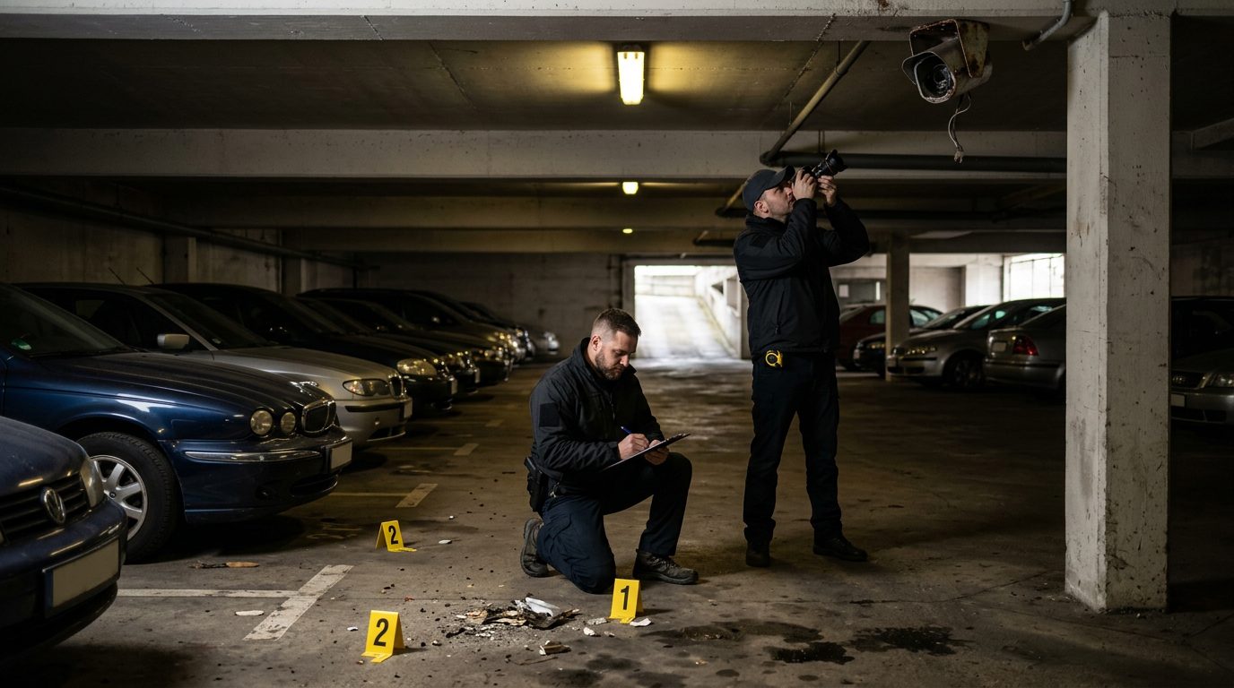 Security investigators document poor lighting and broken cameras in a parking garage.