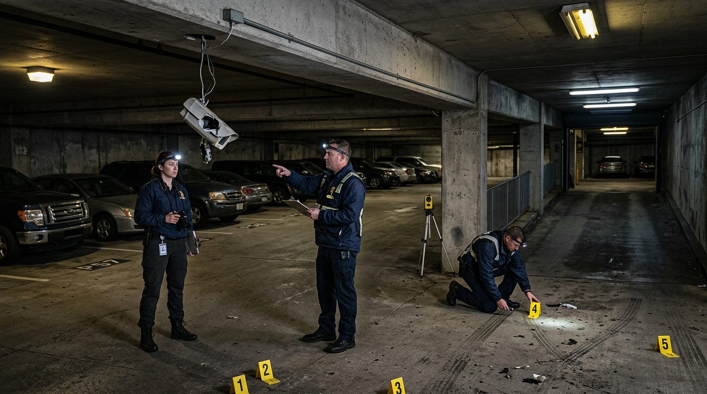 Security investigators document poor lighting and broken cameras in dimly lit parking garage.