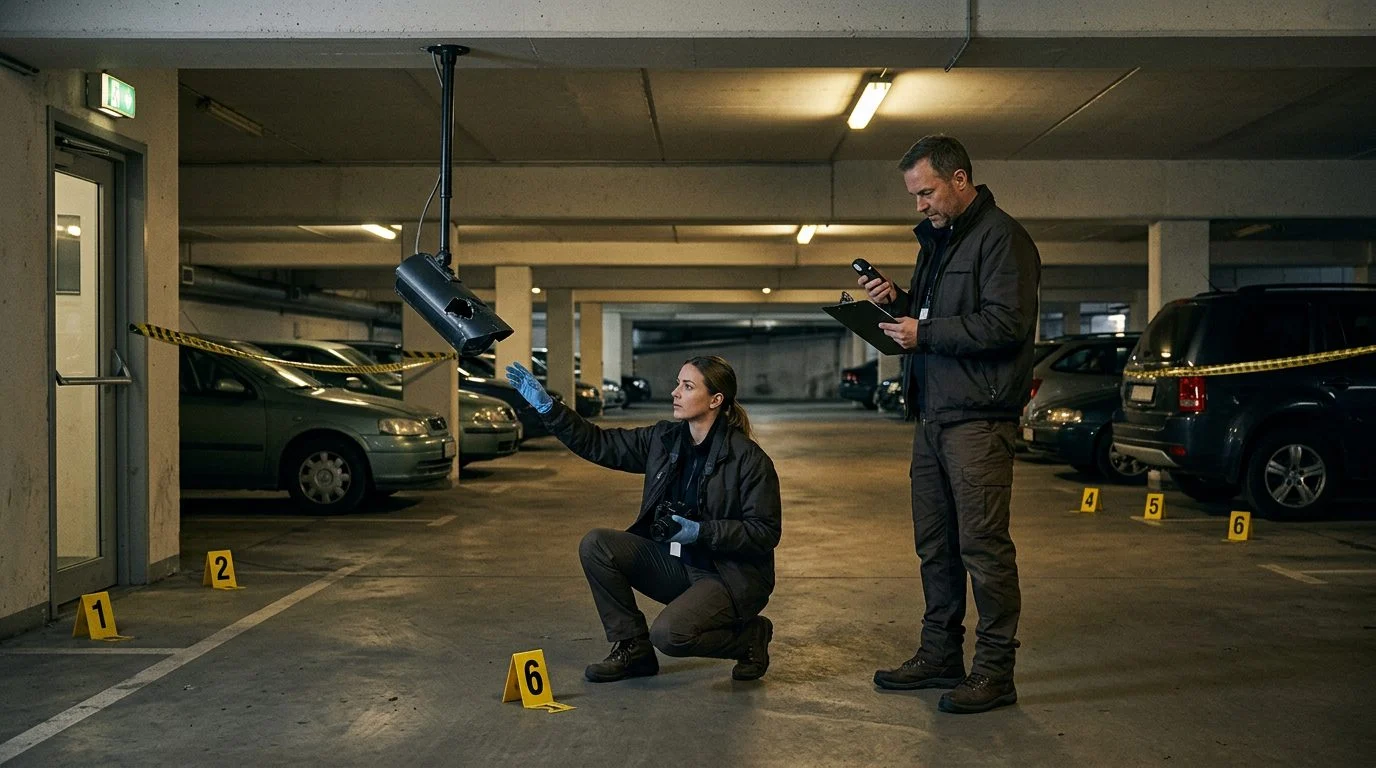 Security investigators document poor lighting and broken cameras in parking garage.