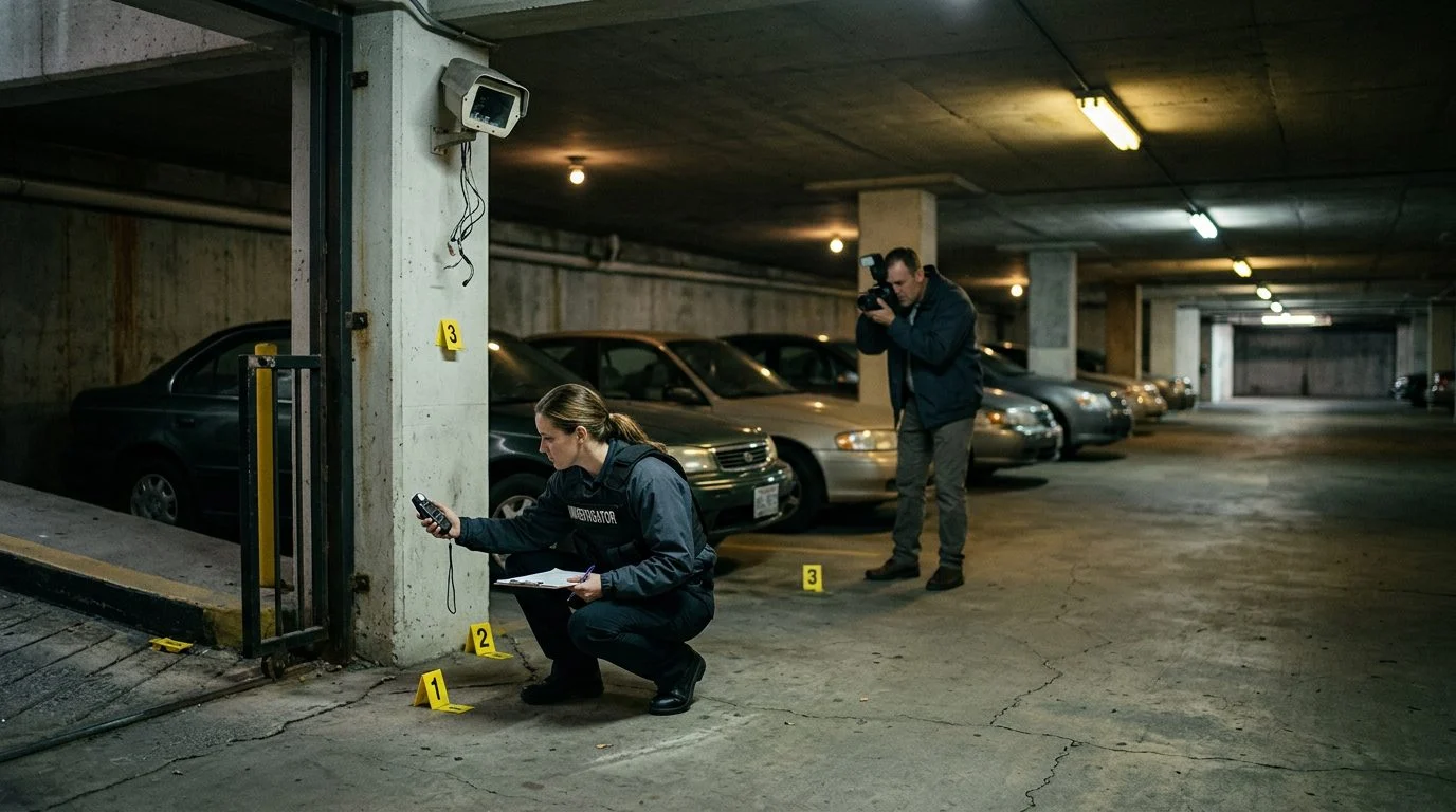 Security investigators document poor lighting and broken cameras in parking garage for liability evidence.