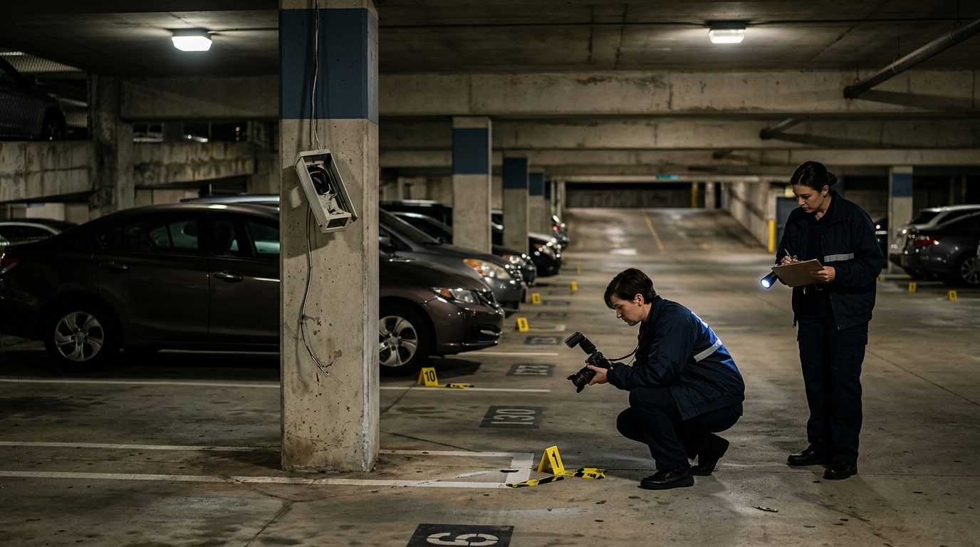 Security investigators document poor lighting and broken cameras in dimly lit parking garage.