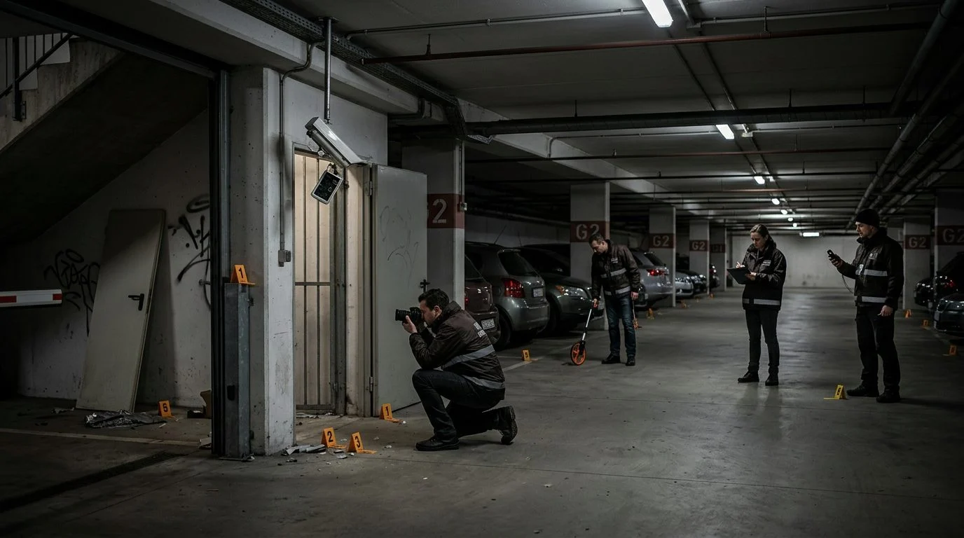 Security investigators document poor lighting and broken cameras in parking garage.