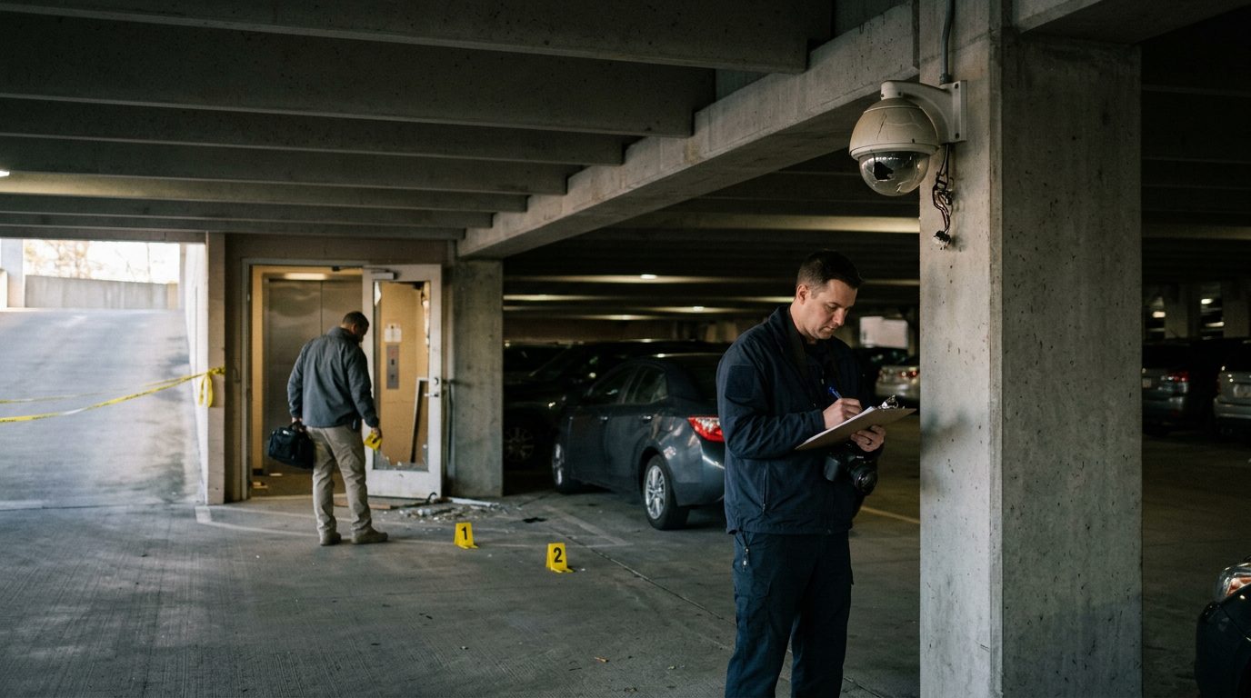 Security investigators document poor lighting and broken cameras in parking garage.