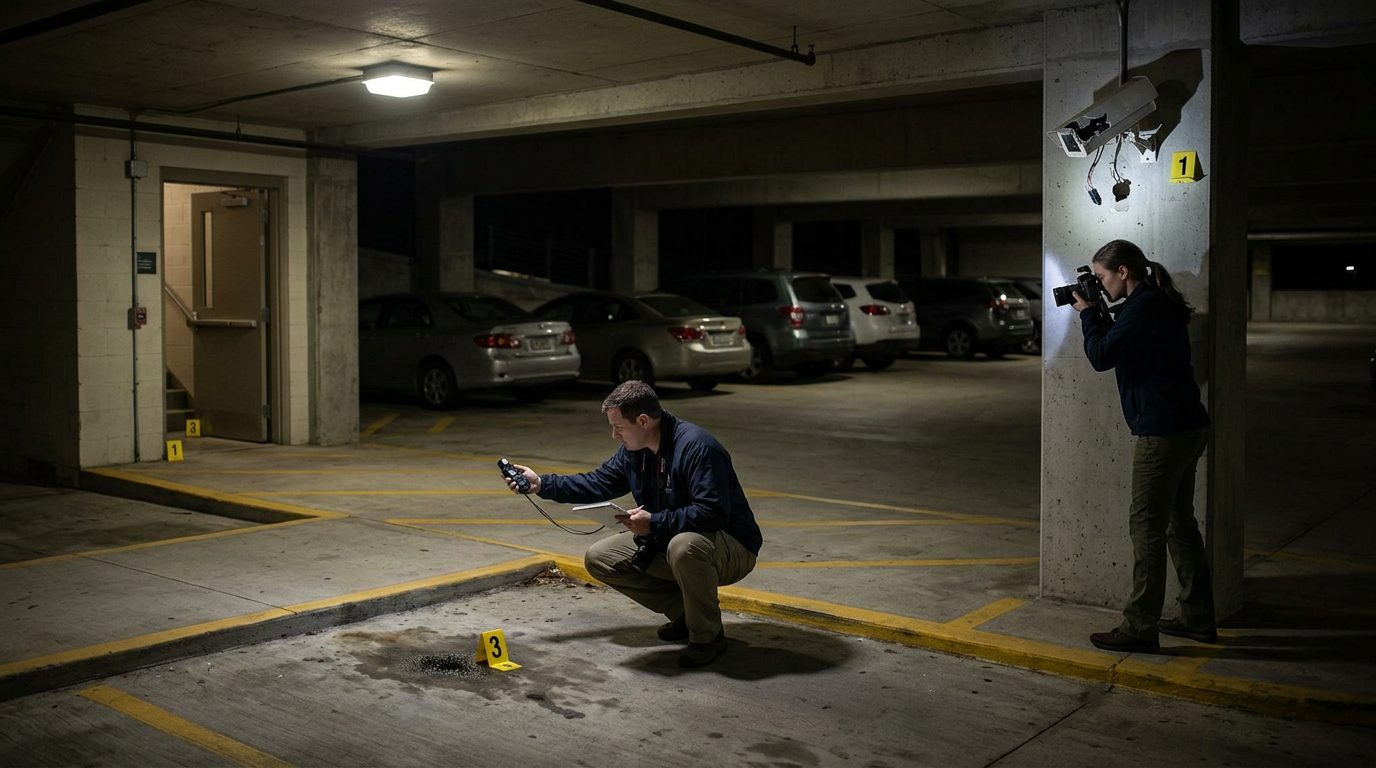 Security investigators document poor lighting and broken cameras in parking garage with evidence markers.