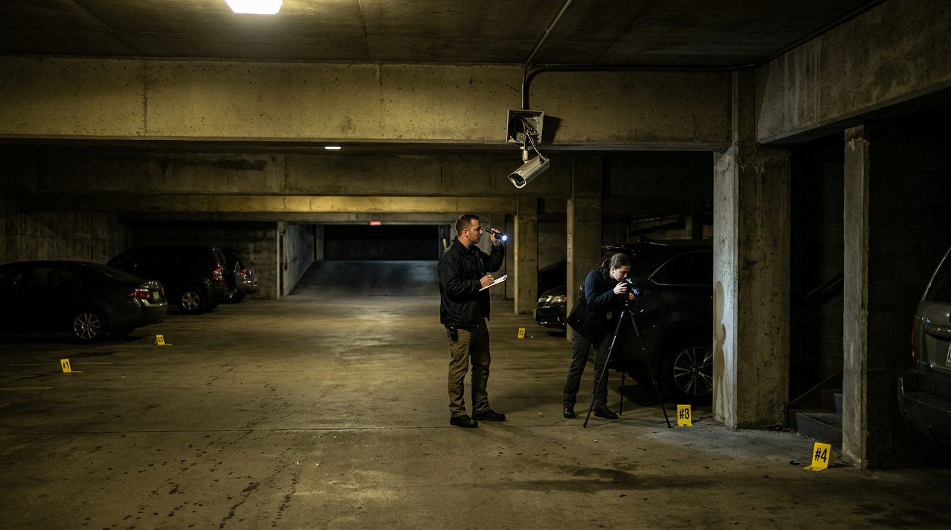 Security investigators document poor lighting and broken cameras in dimly lit parking garage.