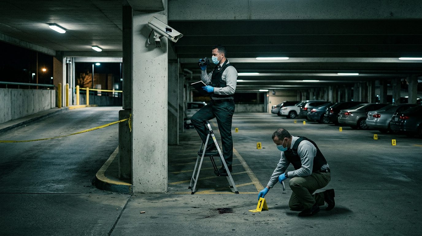 Security investigators document poor lighting and broken cameras at dimly lit parking garage entry points.