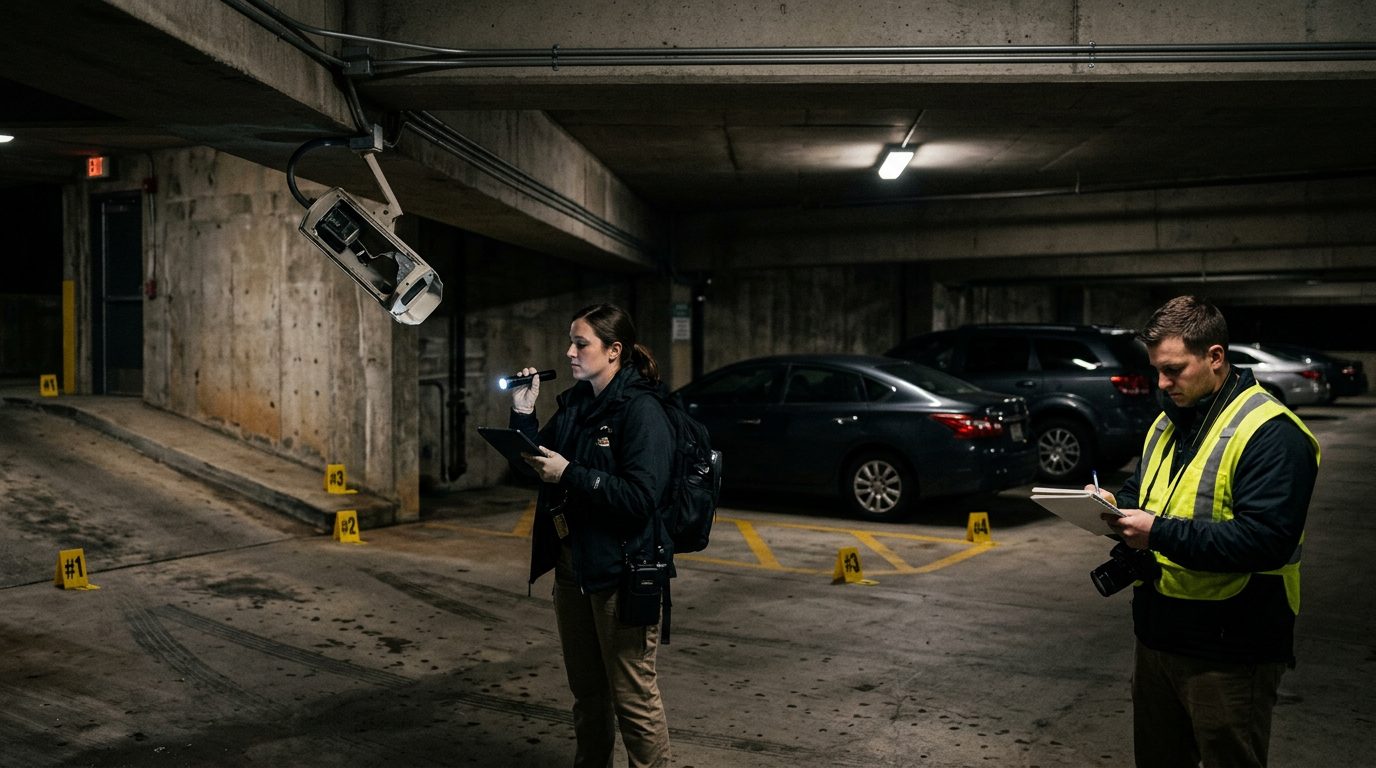 Security investigators document poor lighting and broken cameras in parking garage for negligence case.