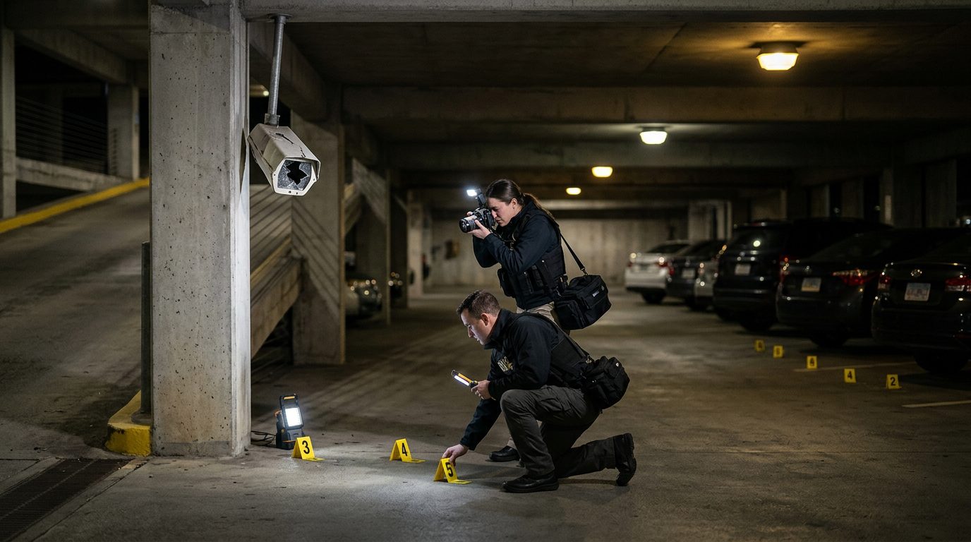 Security investigators document poor lighting and broken cameras in parking garage for liability evidence.
