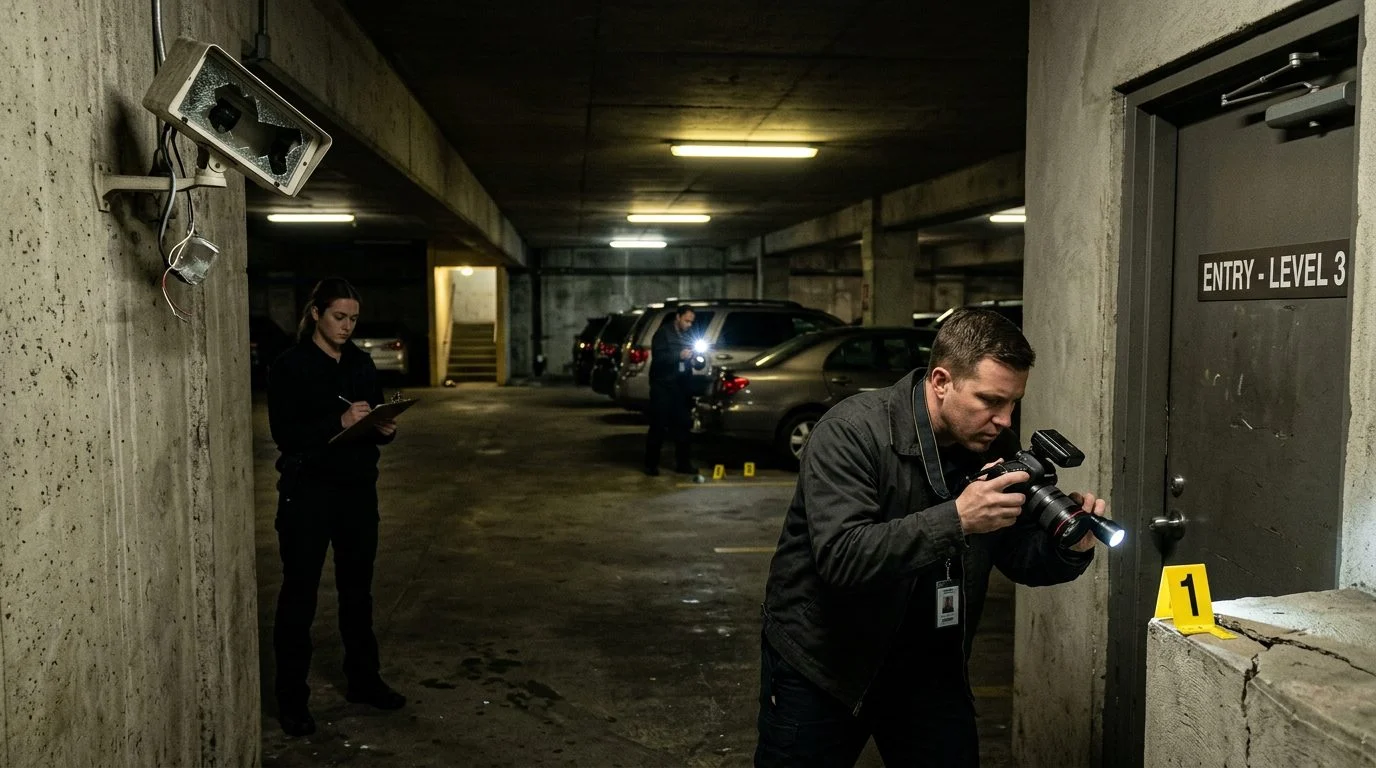Security investigators document poor lighting and broken cameras in parking garage for liability evidence.