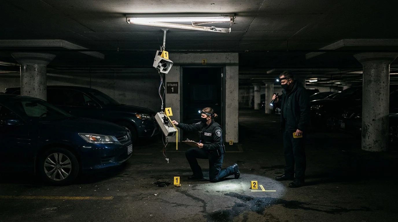 Security investigators document poor lighting and broken cameras in a parking garage with evidence markers.