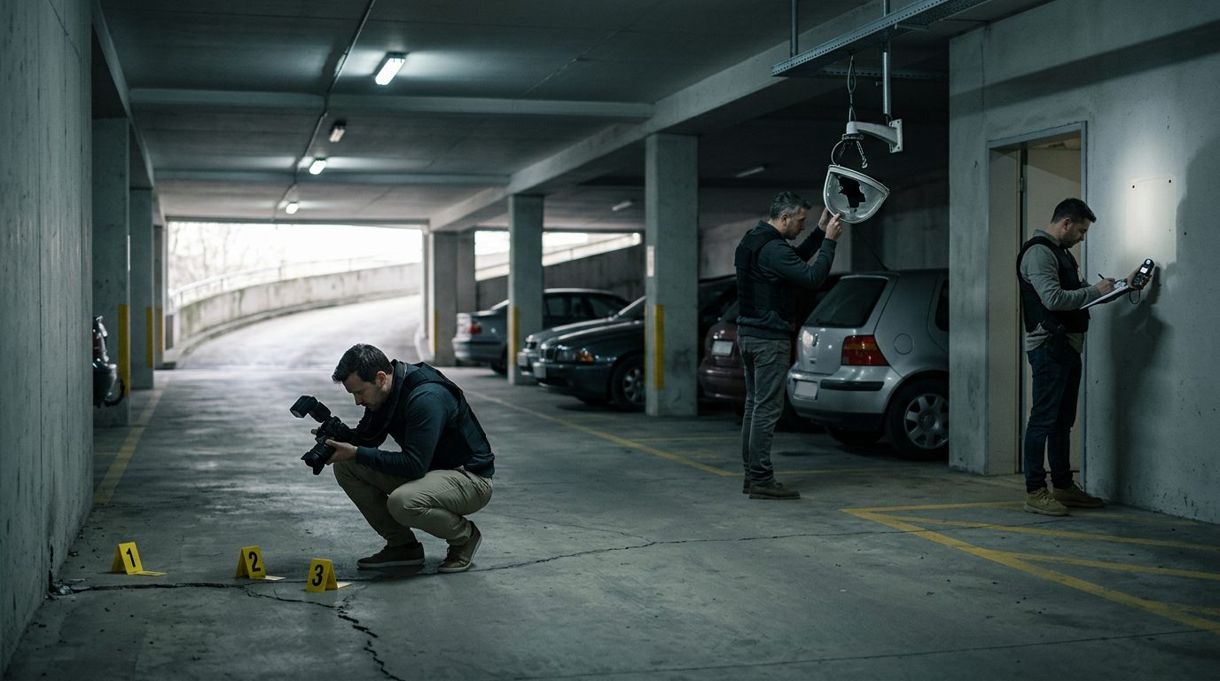 Security investigators document poor lighting and broken cameras in a dimly lit parking garage.