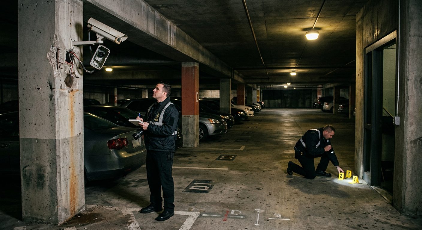 Security investigators document poor lighting and broken cameras in parking garage for premises liability evidence.