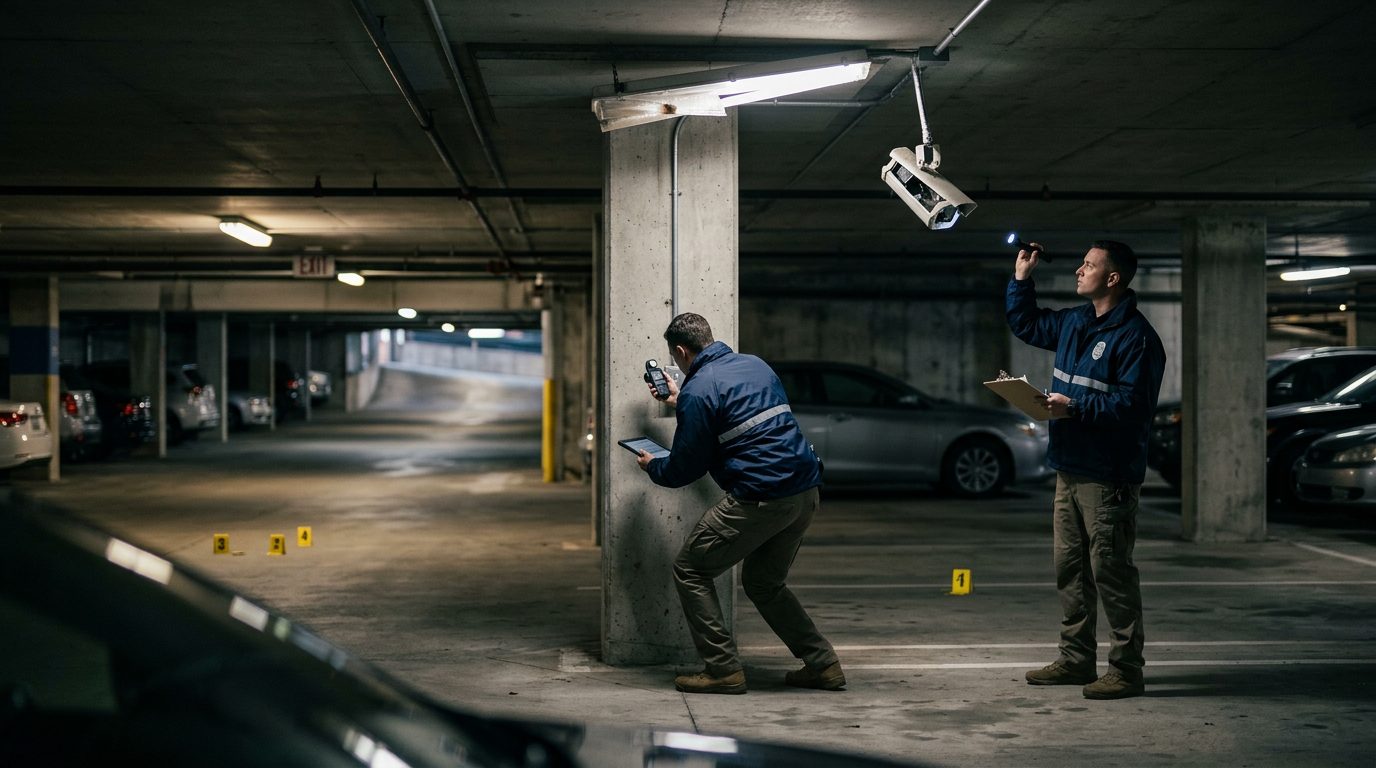 Security investigators document poor lighting and broken cameras in parking garage for liability evidence.