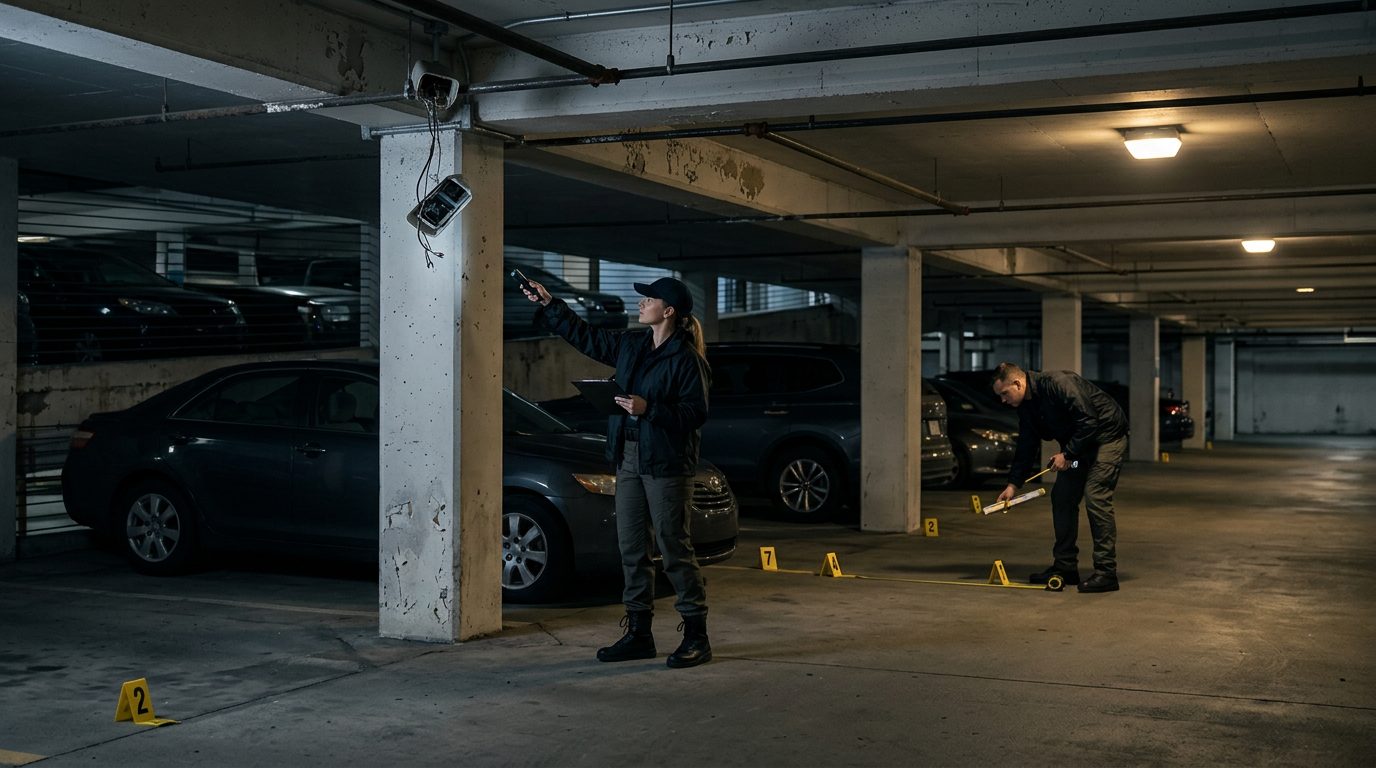 Security investigators document poor lighting and broken cameras in parking garage for premises liability case.