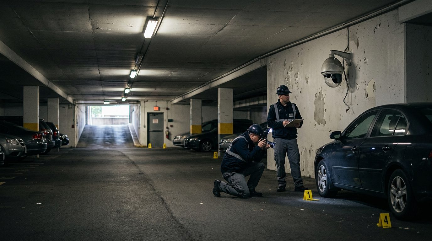Security investigators document poor lighting and broken cameras in parking garage for liability evidence.