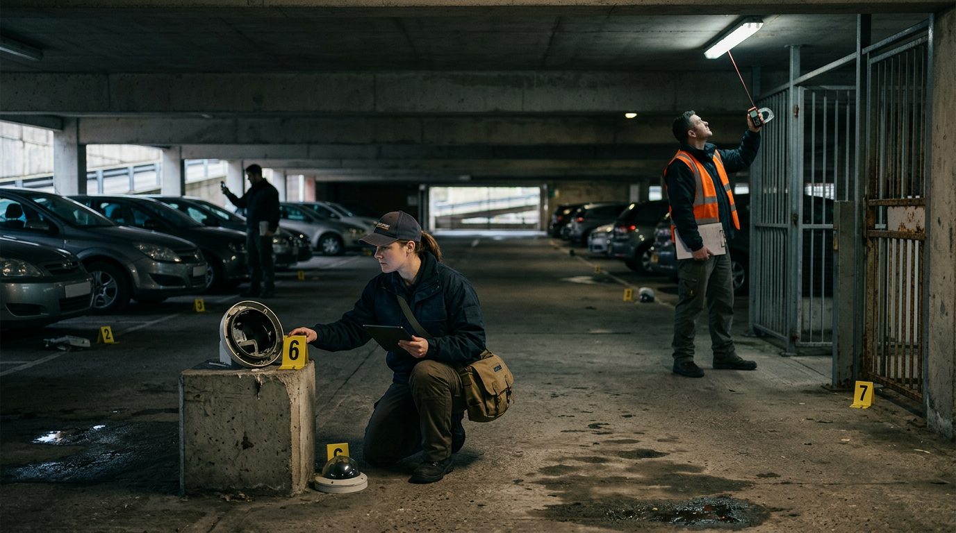 Security investigators document poor lighting and broken cameras in parking garage for premises liability evidence.