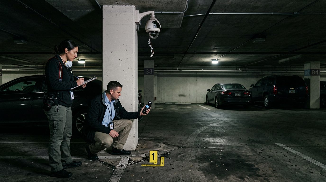 Security investigators document poor lighting and broken cameras in dimly lit parking garage.