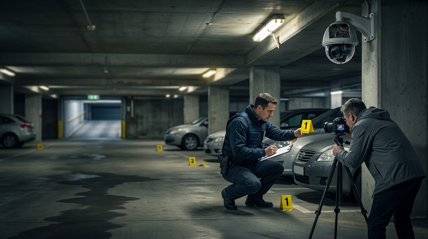 Security investigators document poor lighting and broken cameras in parking garage for liability evidence.