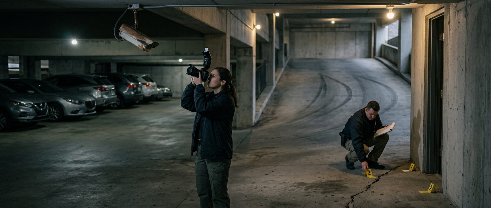 Security investigators document poor lighting and broken cameras in dimly lit parking garage.