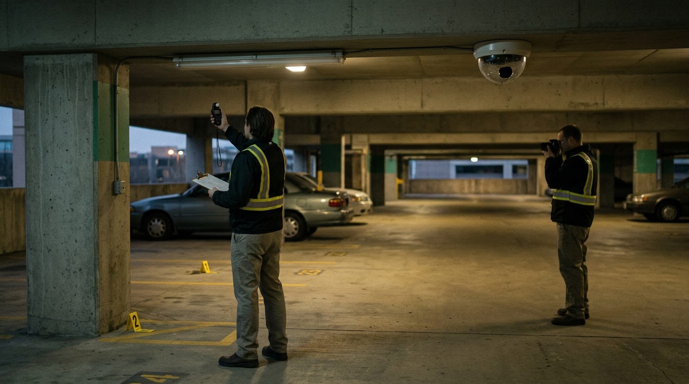 Security investigators document poor lighting and broken cameras in parking garage for premises liability evidence.