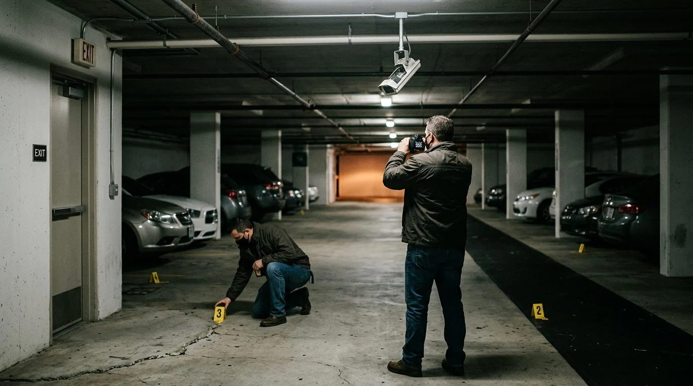 Security investigators document poor lighting and broken cameras in hotel parking garage.