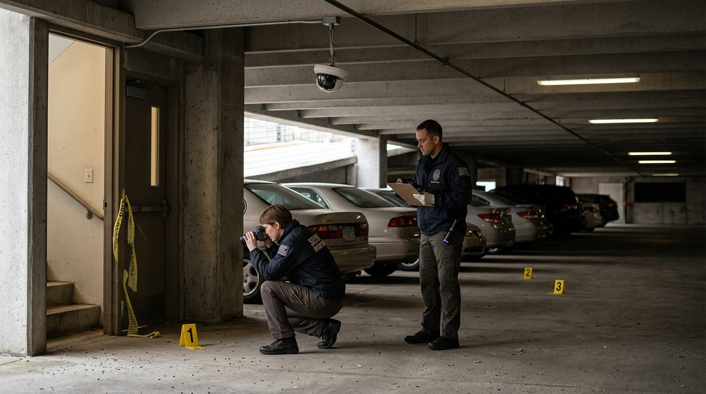 Security investigators document poor lighting and broken cameras in parking garage where dog bite incident occurred.