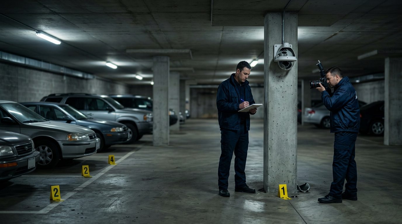 Security investigators document poor lighting and broken cameras in parking garage where dog bite incident occurred.