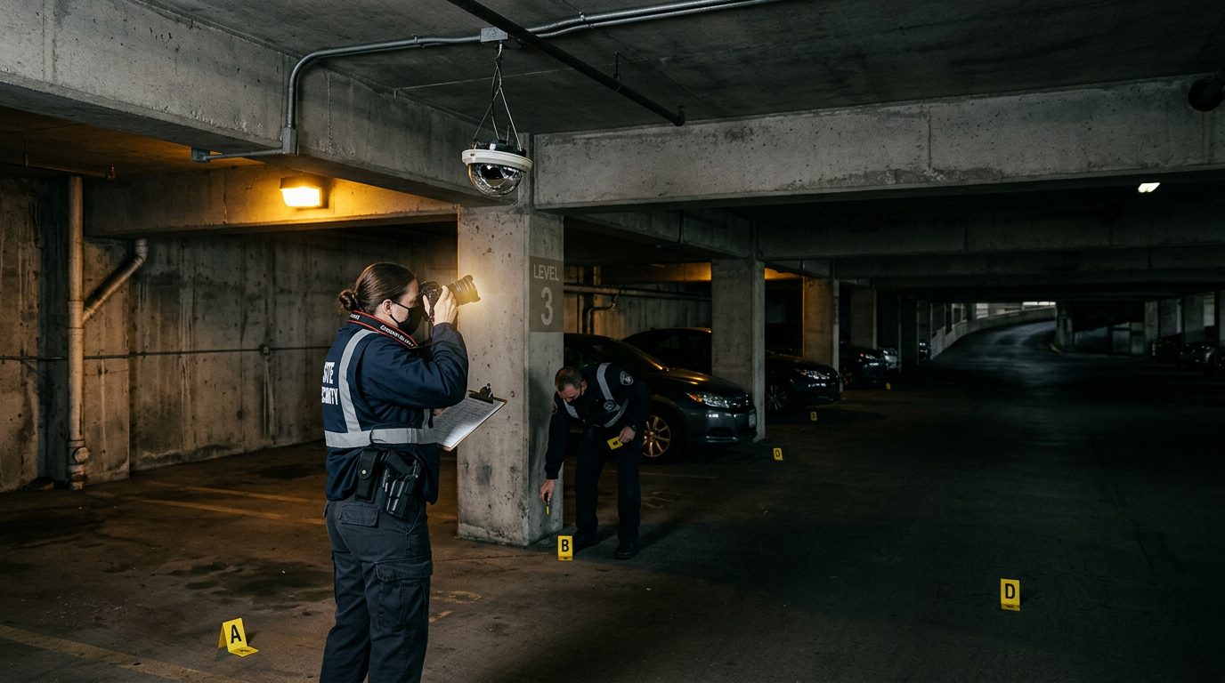 Security investigators document poor lighting and broken cameras in parking garage where dog bite incident occurred.