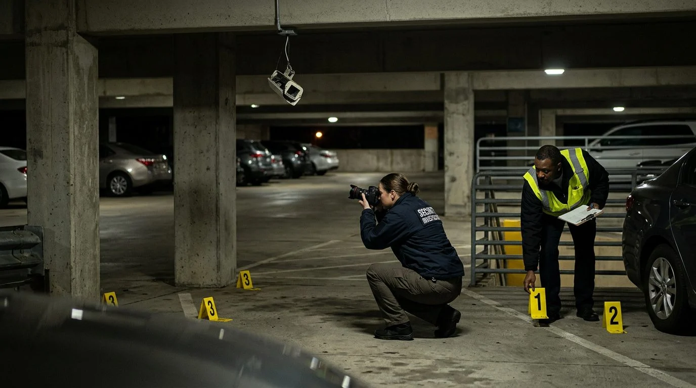 Security investigators document poor lighting and broken cameras in a parking garage.