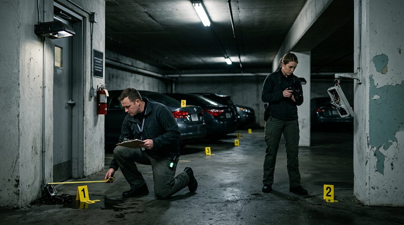 Security investigators document poor lighting and broken cameras in parking garage for liability evidence.