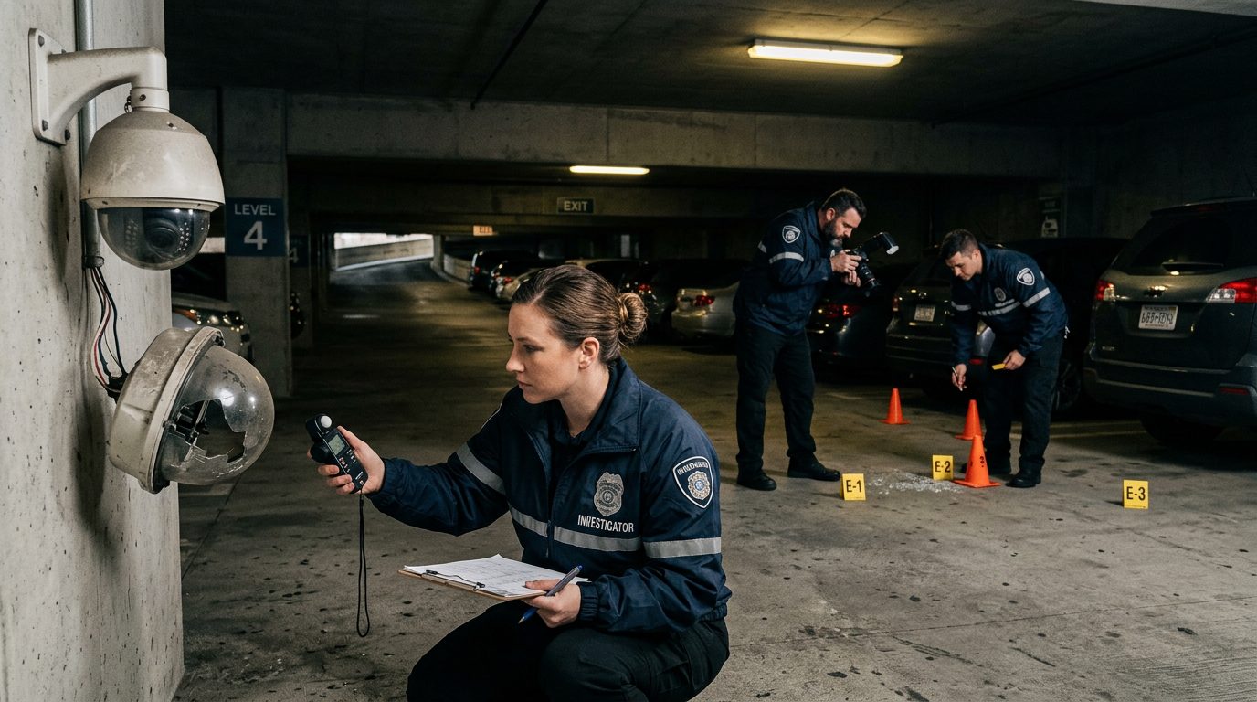 Security investigators document poor lighting and broken cameras in parking garage for premises liability evidence.