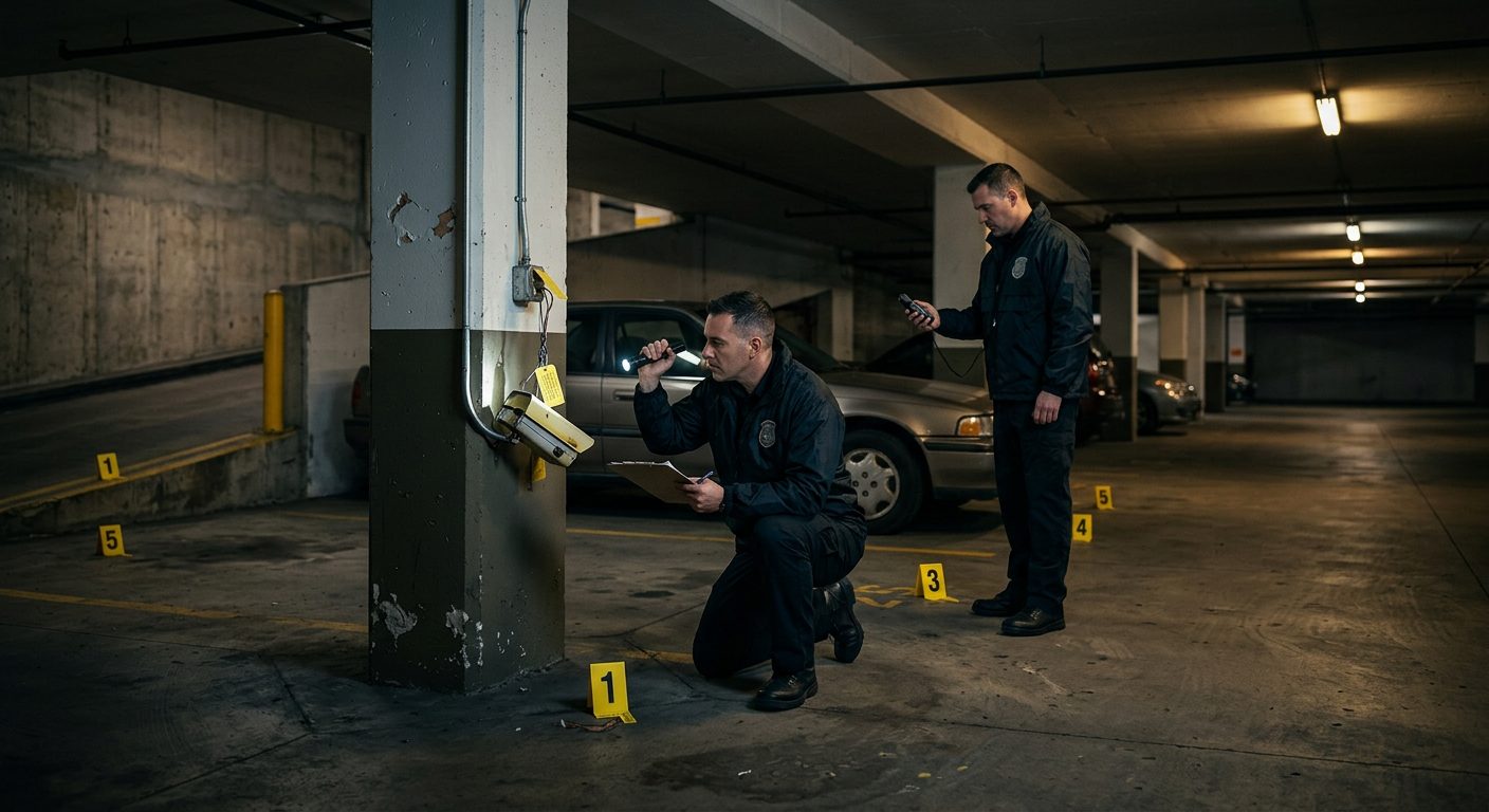 Security investigators document poor lighting and broken cameras in parking garage for liability assessment.