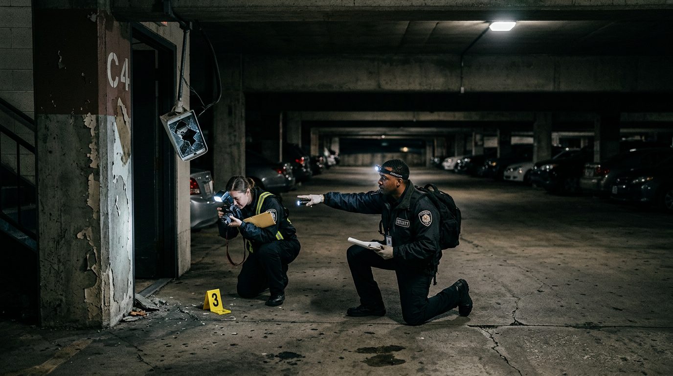 Security investigators document poor lighting and broken cameras in parking garage for premises liability evidence.