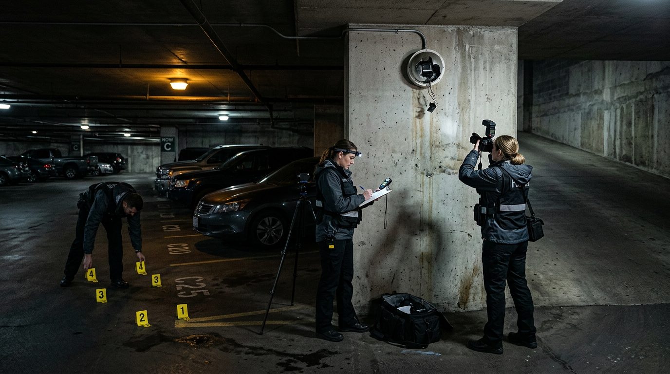 Security investigators document unsafe parking garage conditions including poor lighting and broken cameras.