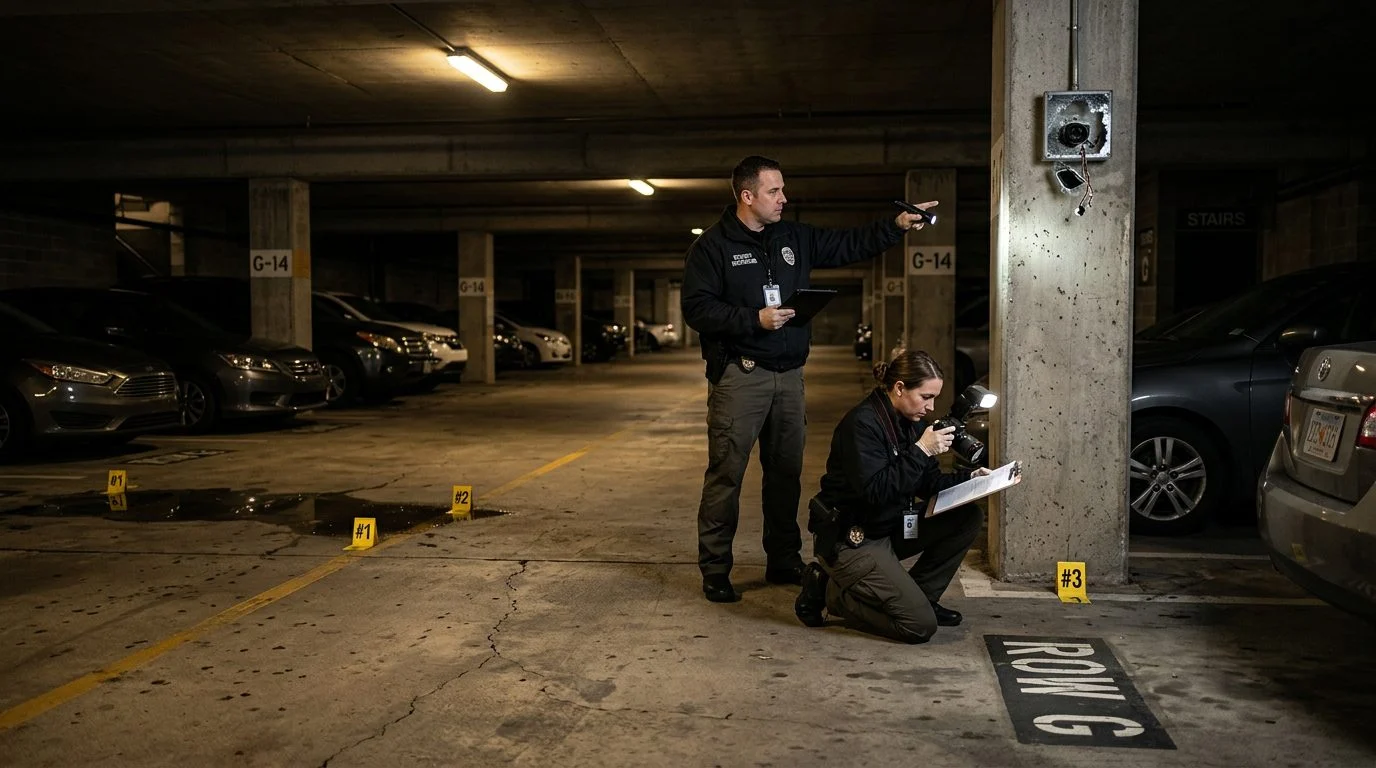 Security investigators document unsafe parking garage conditions with evidence markers and broken cameras.