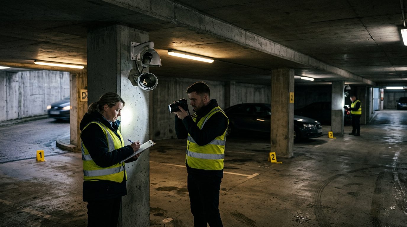 Security investigators document unsafe parking garage conditions with poor lighting and broken cameras.
