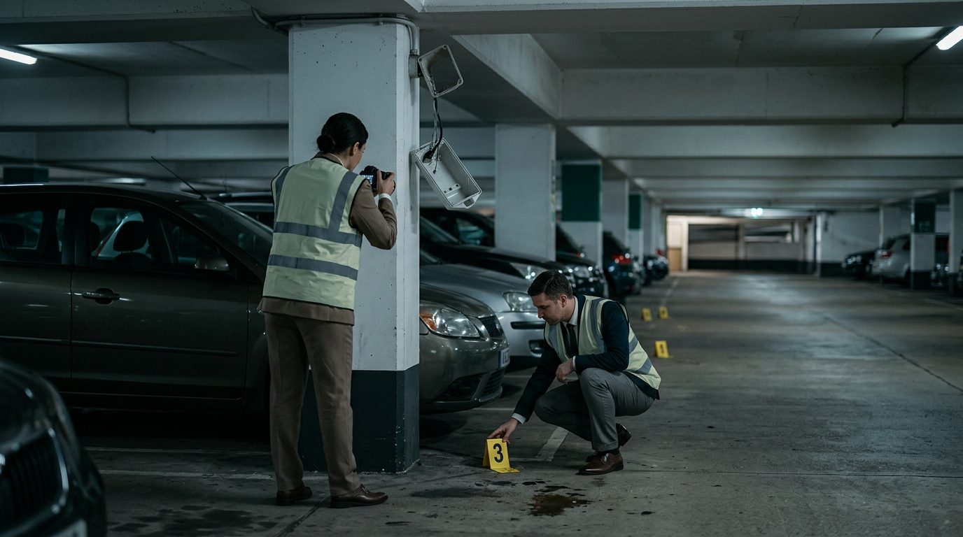 Security investigators document unsafe parking garage with poor lighting and broken cameras.