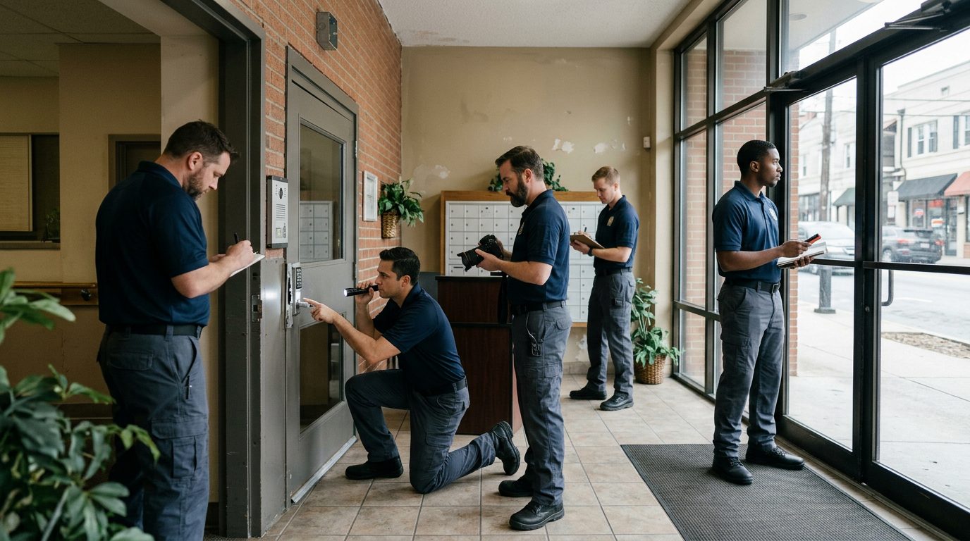 Security specialists document broken locks, intercom, and missing cameras in apartment lobby.