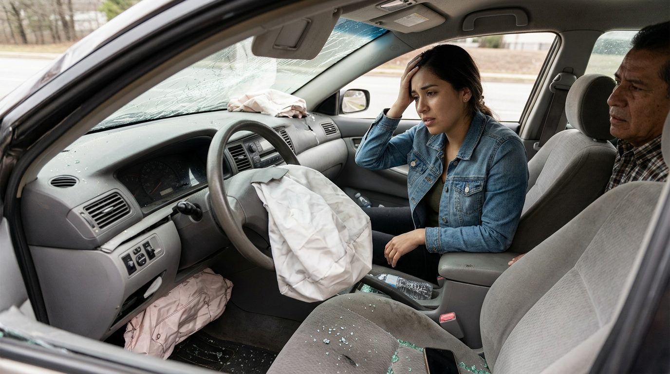 Sedán dañado tras colisión con airbags desplegados y deformación estructural.