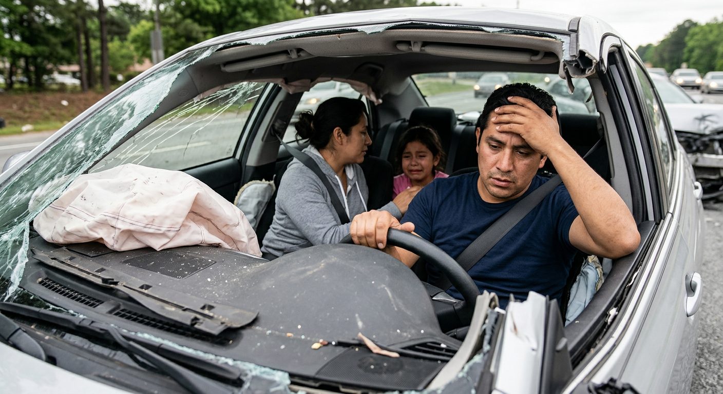 Sedan dañado tras colisión con airbags desplegados y deformación estructural.