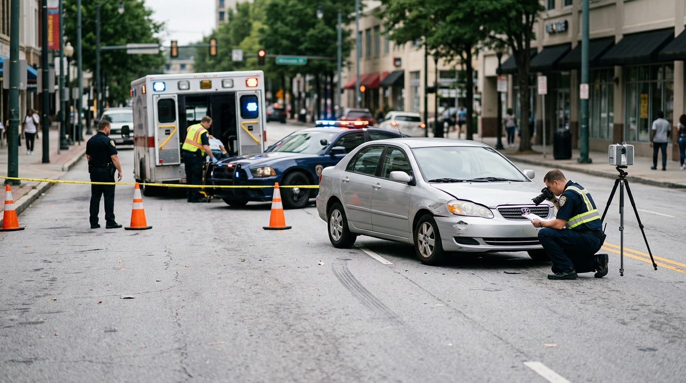Traffic accident scene with damaged vehicle, emergency responders, and investigators on city street.