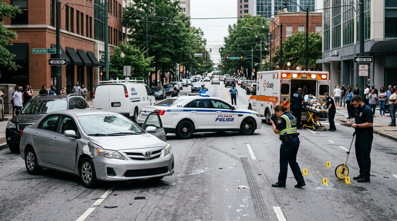 Traffic accident scene with damaged vehicle, emergency vehicles, and investigators on Atlanta city street.