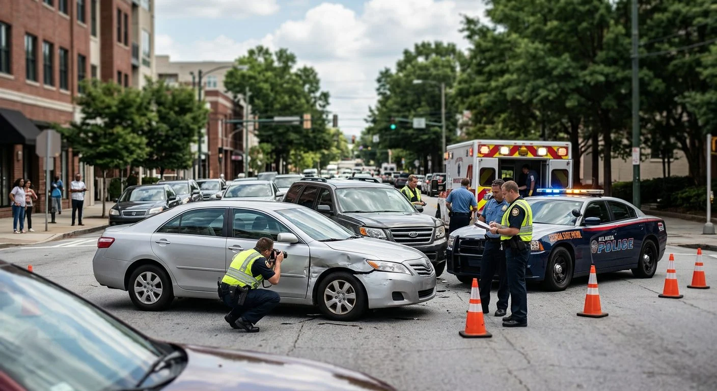 Traffic accident scene with damaged vehicles, emergency responders, and investigators on city street.