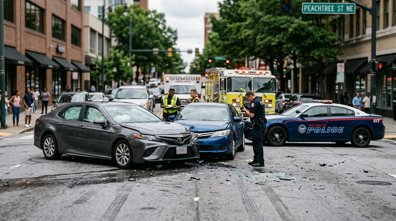 Traffic accident scene with damaged vehicles, emergency responders, and investigators on city street.
