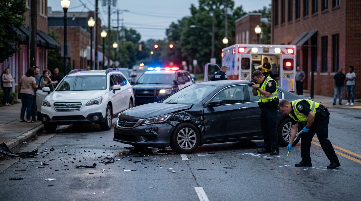 Traffic accident scene with damaged vehicles, emergency responders, and investigators on city street.