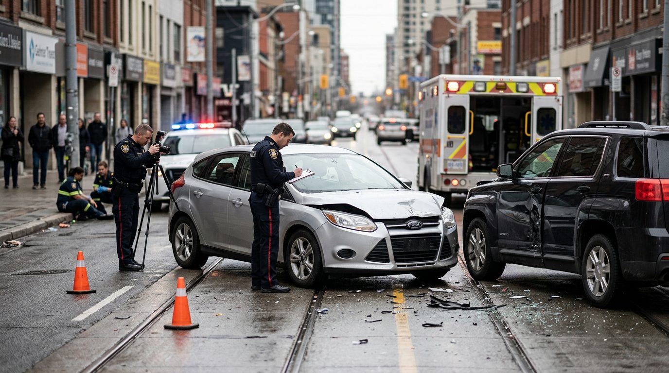 Traffic accident scene with damaged vehicles, emergency responders, and investigators on city street.