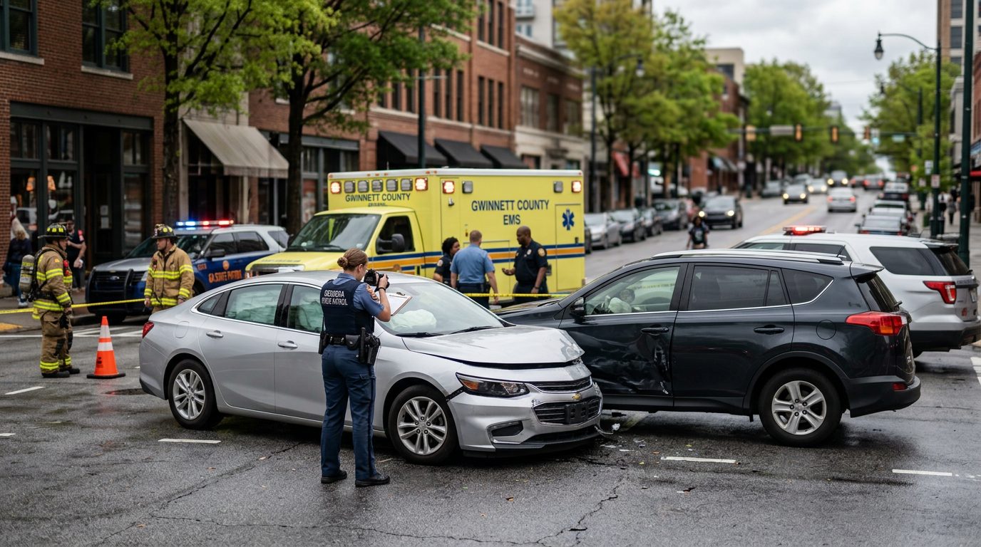 Traffic accident scene with damaged vehicles, emergency responders, and investigators on city street.